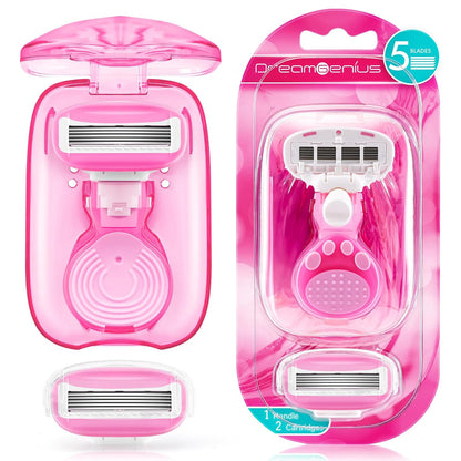 Travel Razors for Women Include 1 Handle and 2 Cartridges, Extra Smooth 5-Blade Travel Essentials Razor with Case for Shaving, Pink