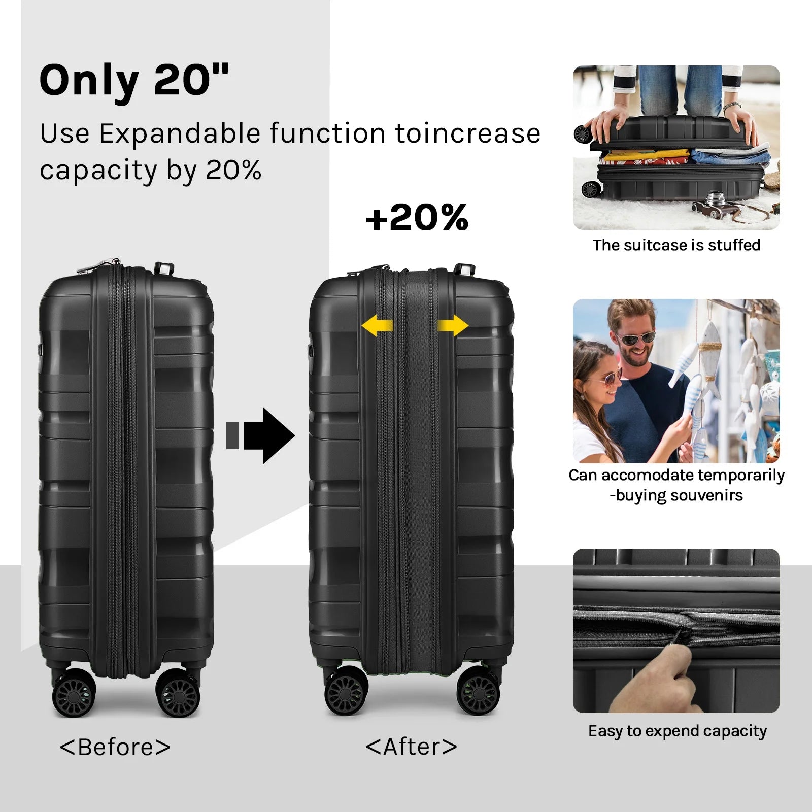 3-Piece Carry-On Luggage Set PP Material Suitcase with Spinner Wheels Hardside TSA Lock(Black)