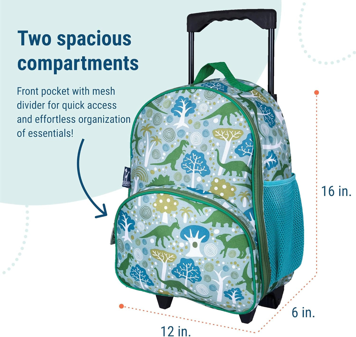 Kids Rolling Luggage for Boys and Girls, Carry on Luggage Size Is Perfect for School and Overnight Travel, Measures 16 X 12 X 6 Inches (Dinomite Dinosaurs)