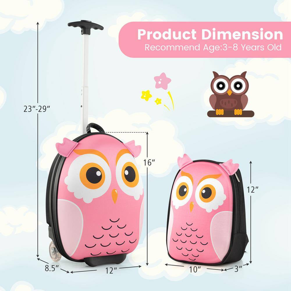 2-PCS Kids Carry on Luggage Set 16 In. Owl Rolling Suitcase with 12 In. Backpack Travel Pink