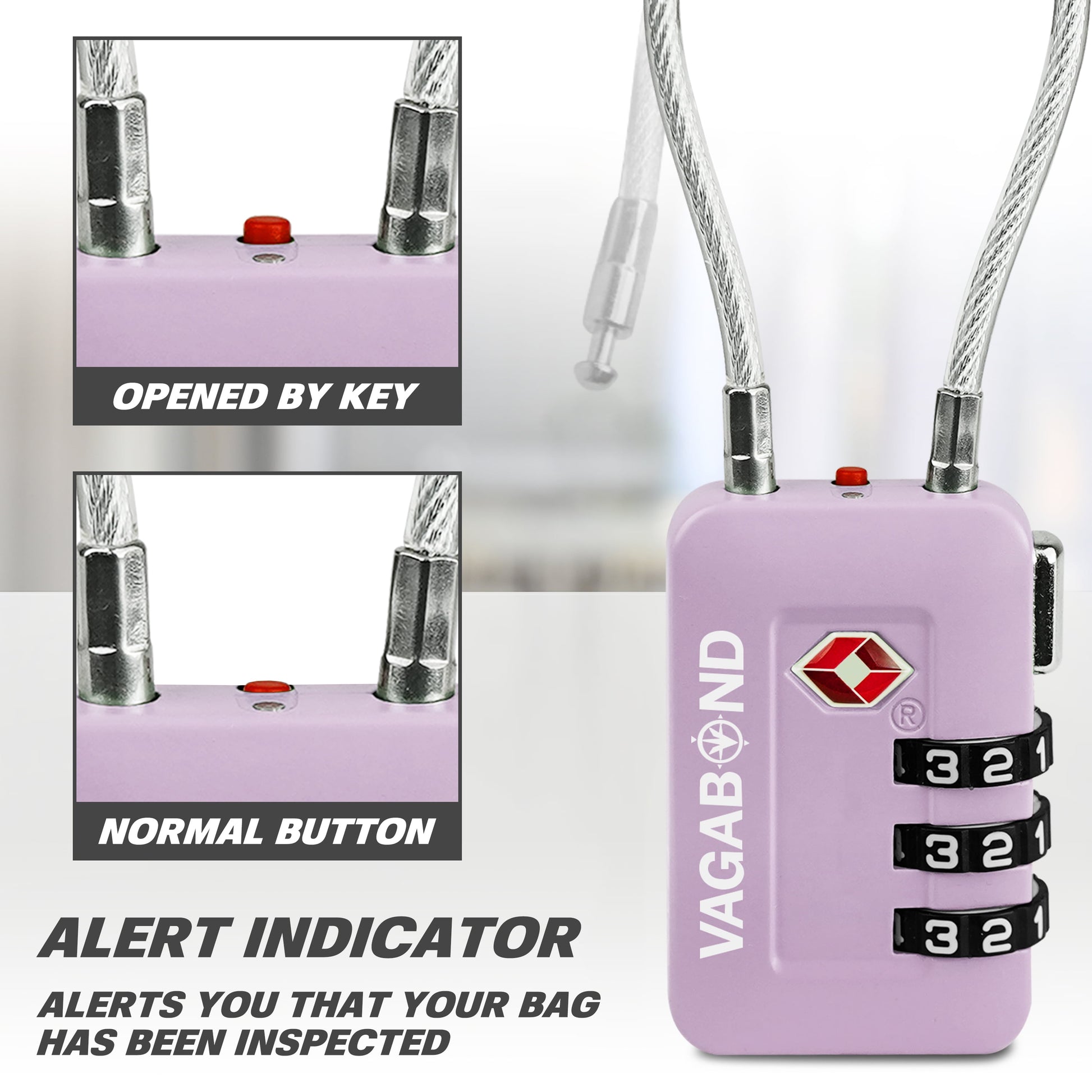 TSA Accepted Luggage Travel Lock 3 Digit Combination Keyless Resettable Suitcase Steel Cable Lock with Zinc Alloy Body Purple 2 Pack