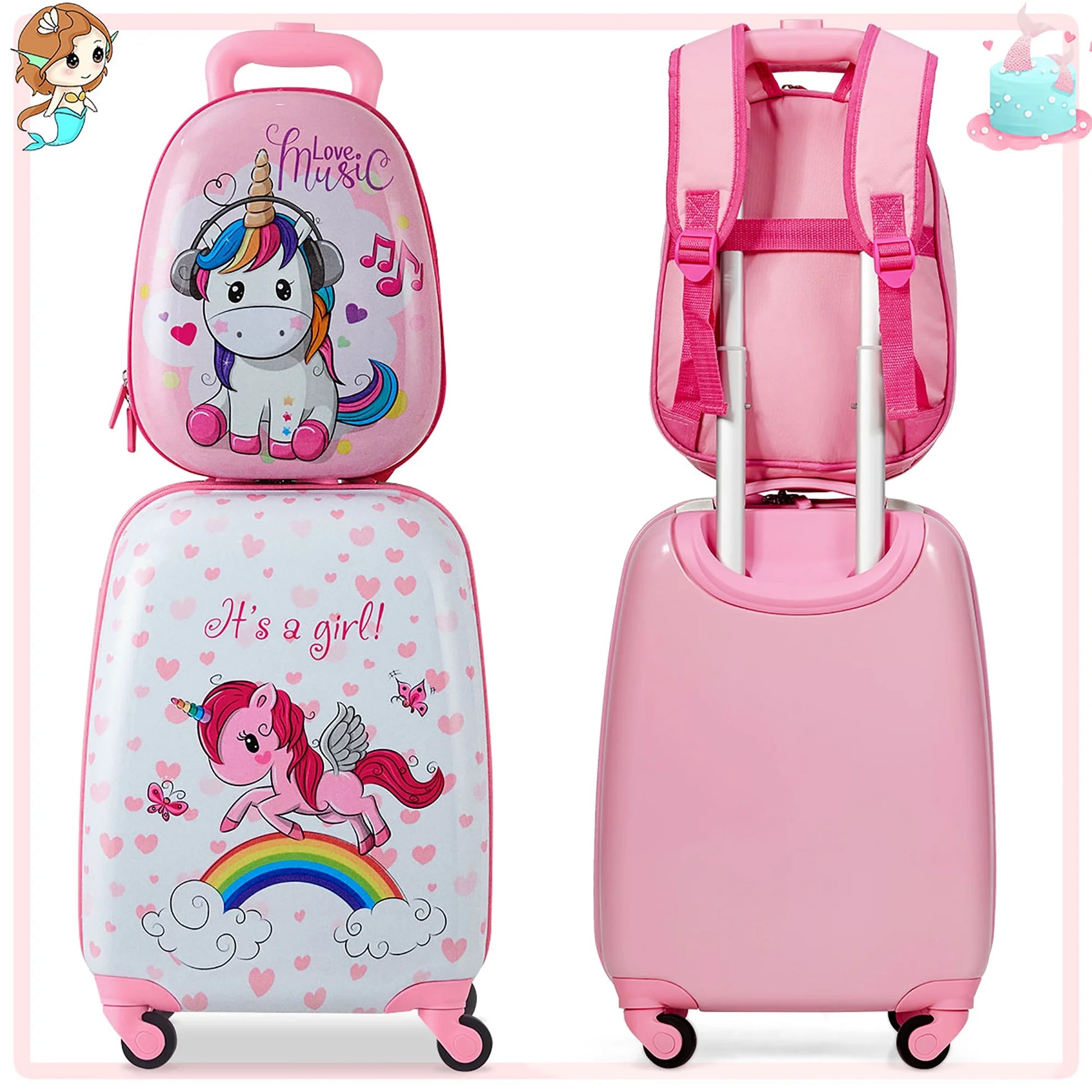 2 Pcs Kids Luggage Set 12” Backpack & 16” Kid Carry on Suitcase for Boys Girls Pink