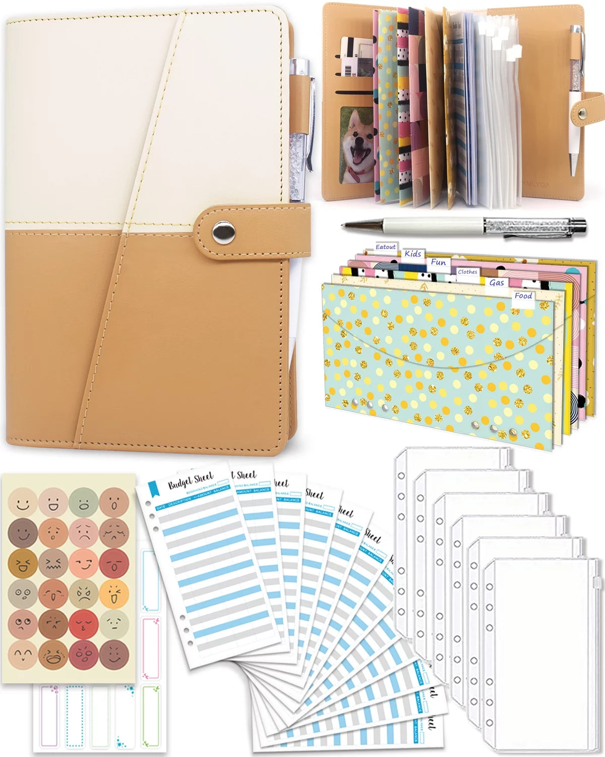 Budget Binder with Cash Envelopes,  Money Saving Binder Notebook Including Zipper PVC Pockets, Cash Envelopes, Stickers and Pen, White and Khaki