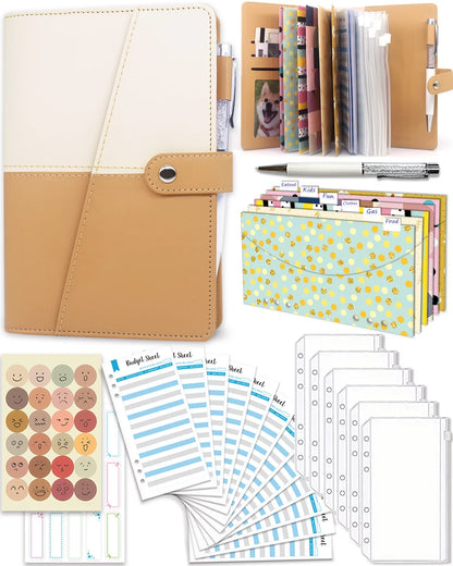 Budget Binder with Cash Envelopes,  Money Saving Binder Notebook Including Zipper PVC Pockets, Cash Envelopes, Stickers and Pen, White and Khaki