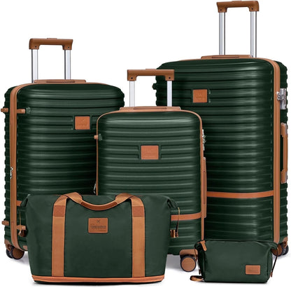 Hardside Luggage Set Suitcase 5 PCS with TSA Lock Expandable Lightweight Suitcase 20"24"28" Checked Luggage-Green Brown