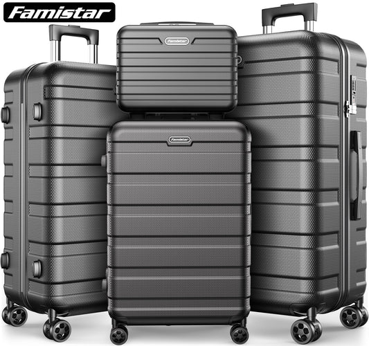 4 Piece Hardside Luggage Suitcase Set with 360° Double Spinner Wheels Integrated TSA Lock, 14” Travel Case, 20" Carry-On Luggage, 24" Checked Luggage and 28" Checked Luggage, Black