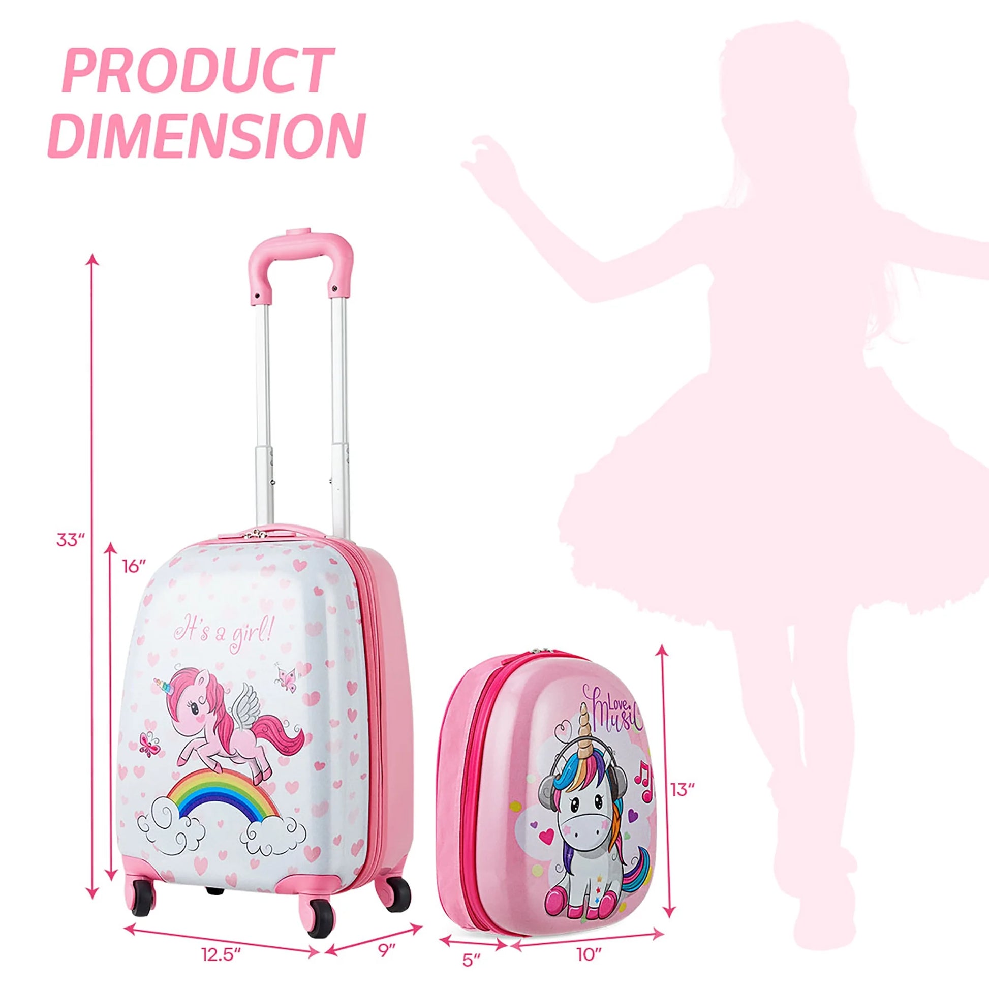 2 Pcs Kids Luggage Set 12” Backpack & 16” Kid Carry on Suitcase for Boys Girls Pink