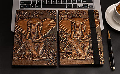 3D Elephant Cover Notebook Writing Journal plus Pen Set,Pen Holder, Elastic Closure Hardcover Personal Journal Diary Planner Thick Lined Paper,Gifts for Women Men (Redbronze, A5(8.3"*5.7")