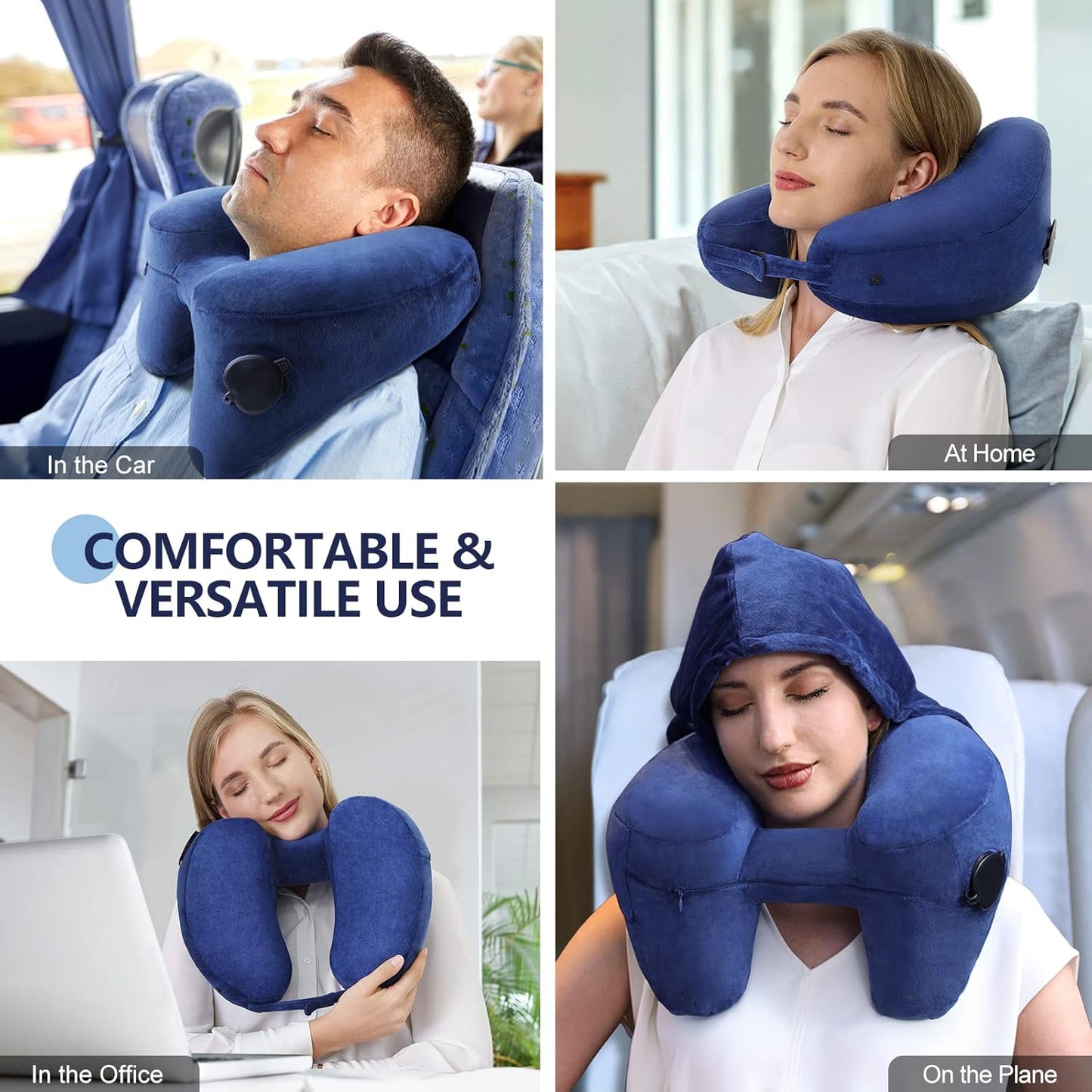 Inflatable Pillow for Airplane Travel, Comfortably Supports Head,Neck and Chin with Soft Velour Cover,Hat,Portable Drawstring Bag (Blue)