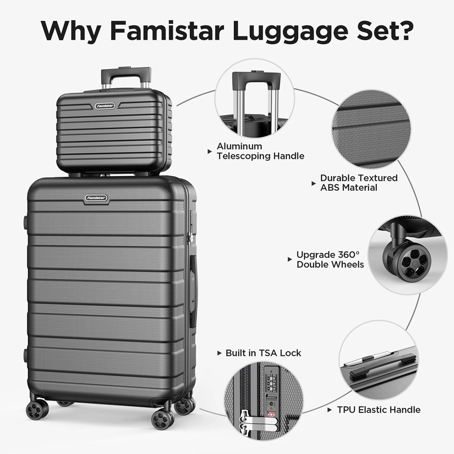 Hardside Luggage Suitcase 4 Piece Set with 360° Double Spinner Wheels Integrated TSA Lock, 14” Travel Case, 20" Carry-On Luggage, 24" Checked Luggage and 28" Checked Luggage, Black