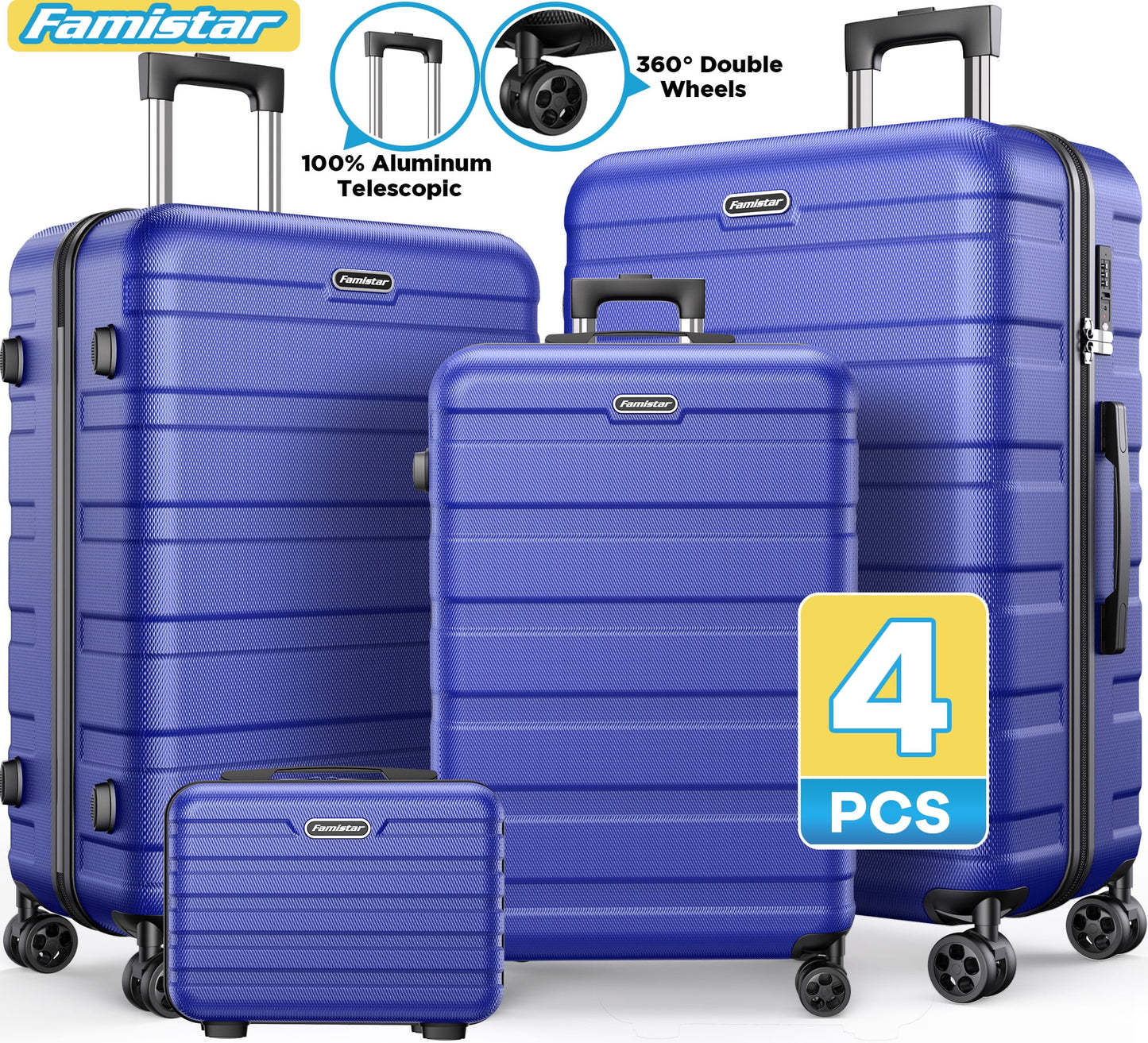 Hardside Luggage Suitcase 4 Piece Set with 360° Double Spinner Wheels Integrated TSA Lock, 14” Travel Case, 20" Carry-On Luggage, 24" Checked Luggage and 28" Checked Luggage, Blue