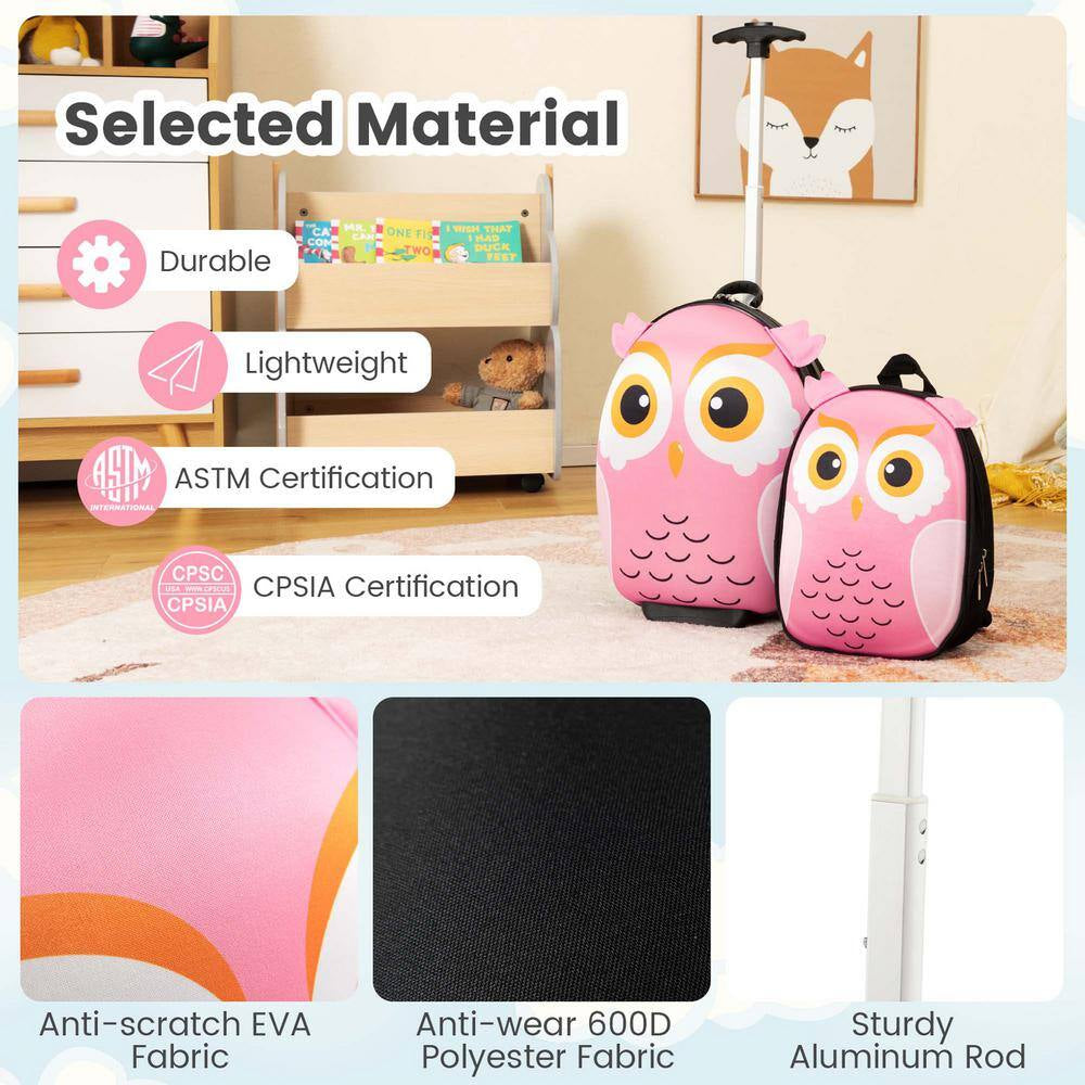 2-PCS Kids Carry on Luggage Set 16 In. Owl Rolling Suitcase with 12 In. Backpack Travel Pink