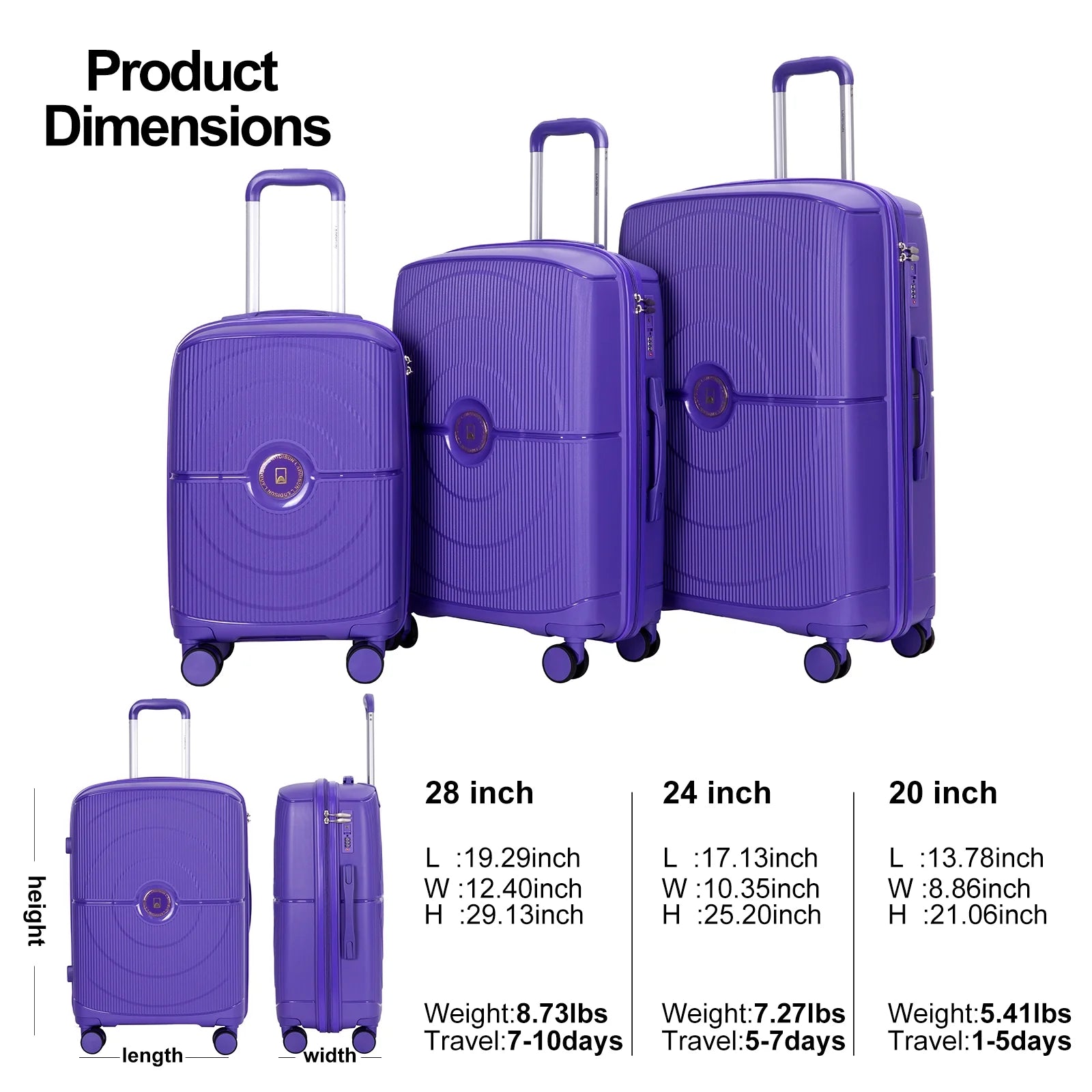 Luggage Sets 3 Piece, Hard Shell Suitcase Set with Spinner Wheels TSA Lock Carry on and Checked Luggage, Purple