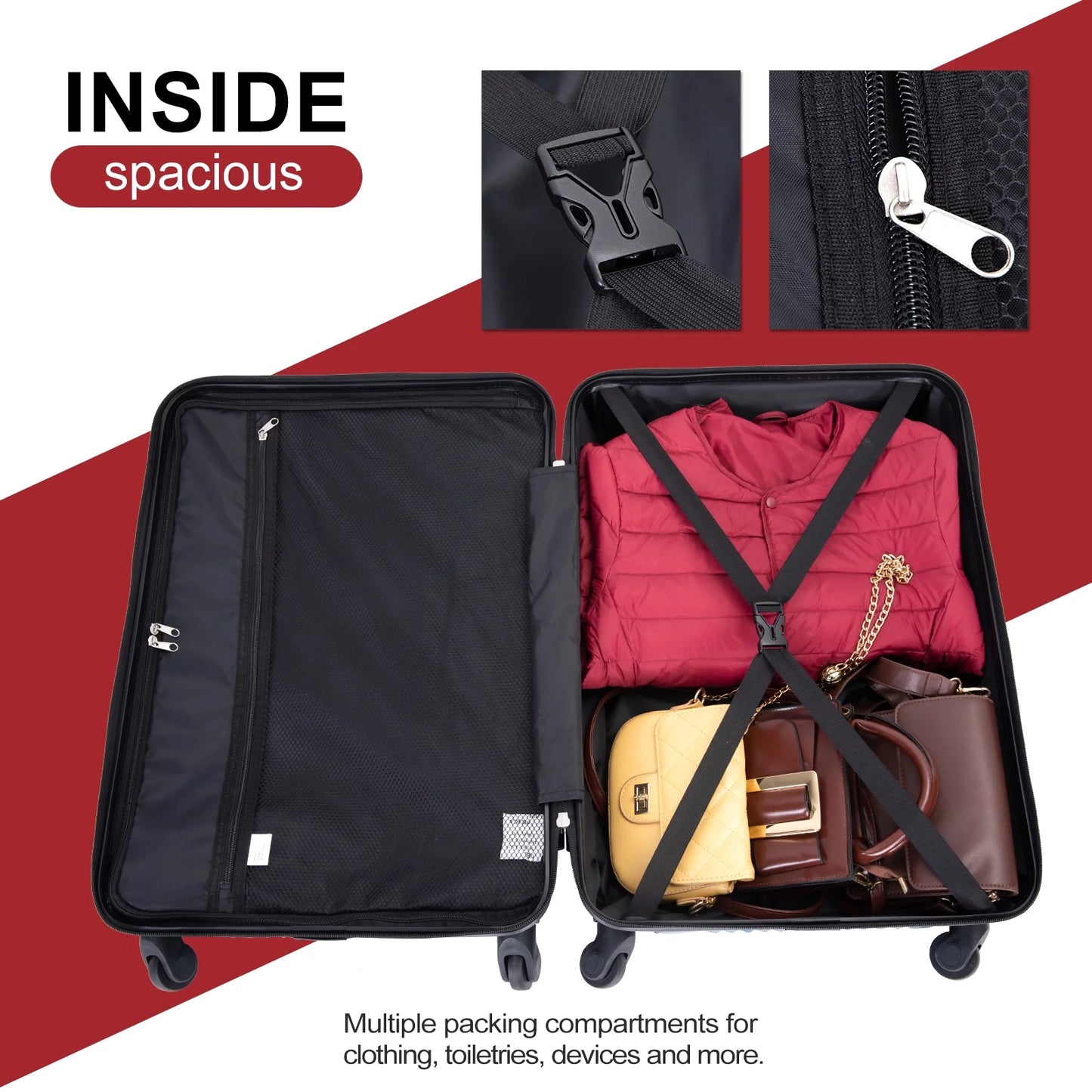 Luggage 3 Piece Set,Suitcase Set with Spinner Wheels Hardside Lightweight Luggage Set 20In24In28In.(Red)