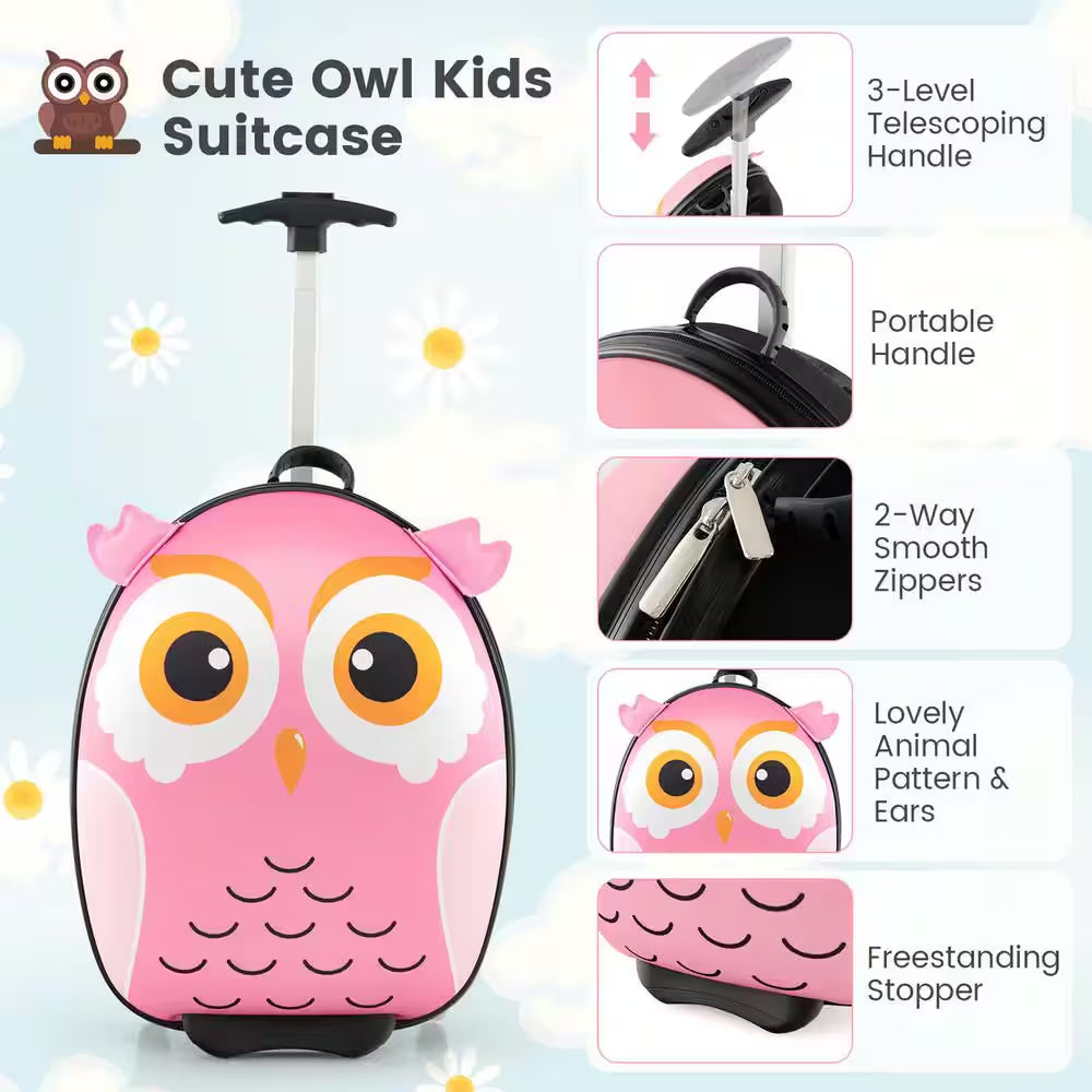 2-PCS Kids Carry on Luggage Set 16 In. Owl Rolling Suitcase with 12 In. Backpack Travel Pink