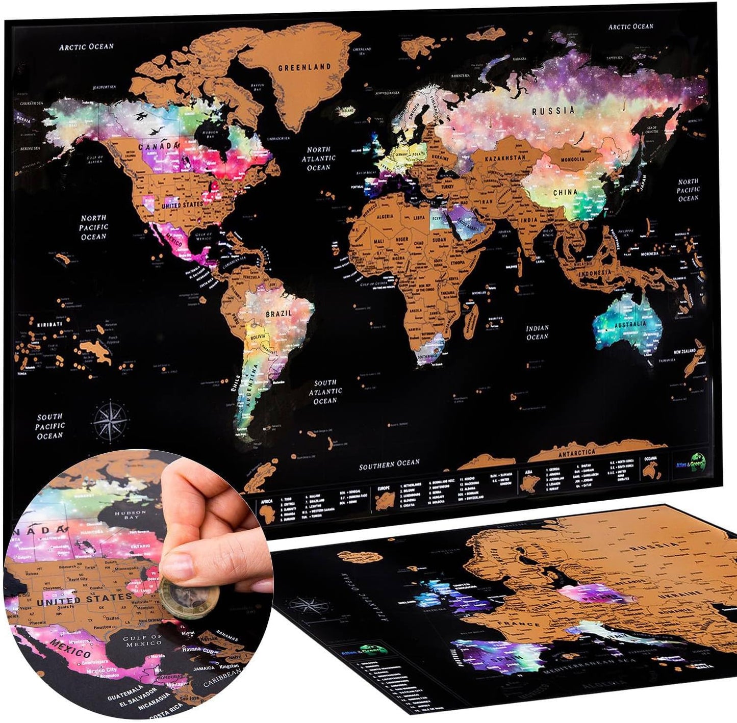 Scratch off World Travel Map with All U.S States + Bonus Map of Europe. Premium World Map Scratch off Poster in Nebula Watercolor. Travel Scratch off Map with Travel Map Gift Tube