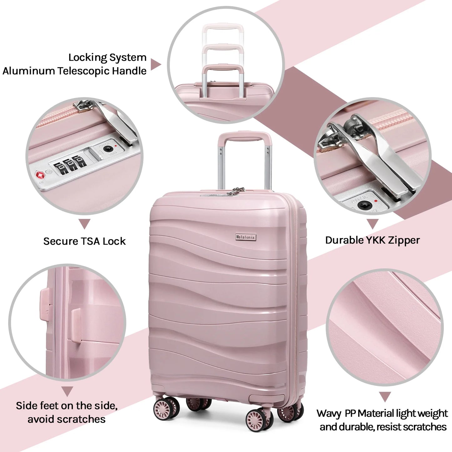 21.60" Adult 3 Piece Hardside Spinner Carry on Luggage Set, Pink