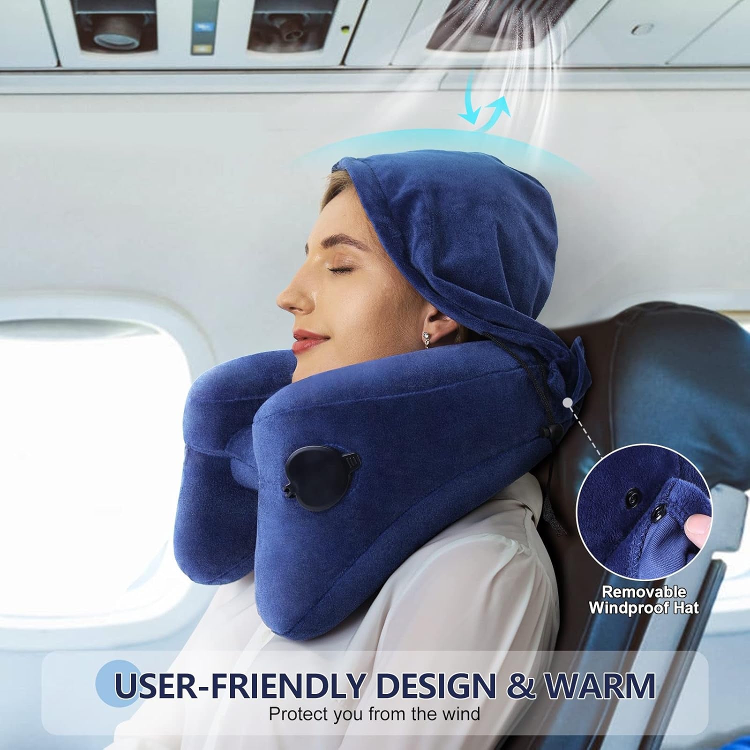 Inflatable Pillow for Airplane Travel, Comfortably Supports Head,Neck and Chin with Soft Velour Cover,Hat,Portable Drawstring Bag (Blue)