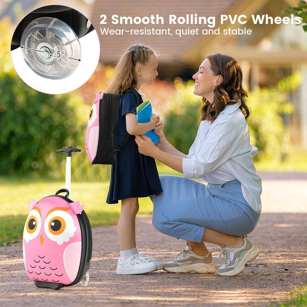 2-PCS Kids Carry on Luggage Set 16 In. Owl Rolling Suitcase with 12 In. Backpack Travel Pink