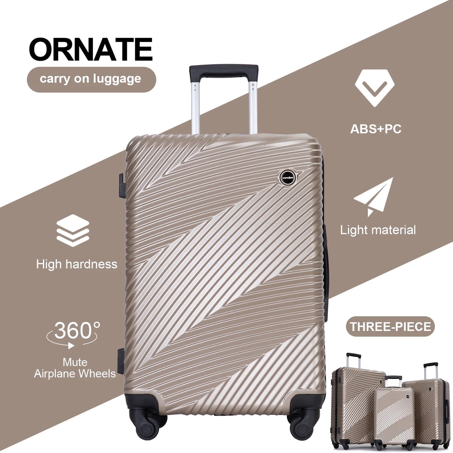 Luggage 3 Piece Set,Suitcase Set with Spinner Wheels Hardside Lightweight Luggage Set 20In24In28In.(Golden)