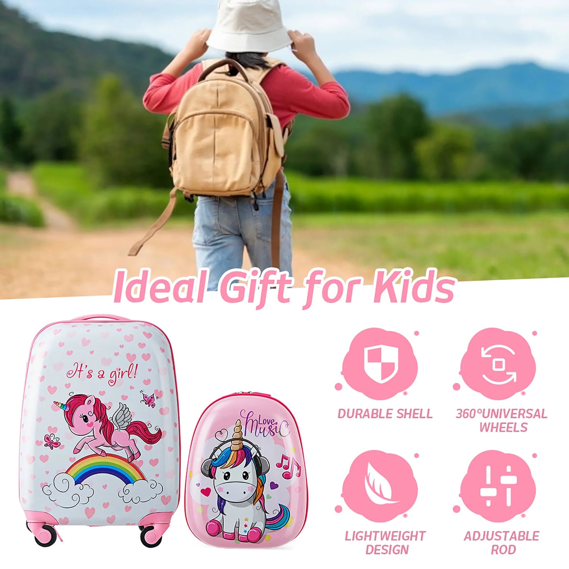 2 Pcs Kids Luggage Set 12” Backpack & 16” Kid Carry on Suitcase for Boys Girls Pink