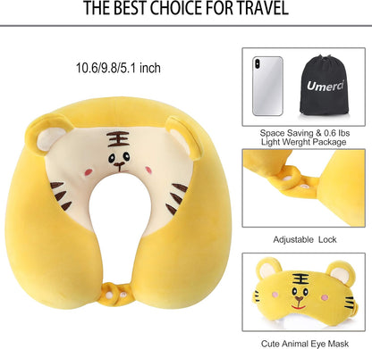 Travel Pillow, Memory Foam Neck Pillow with 360-Degree Head Support Comfortable Airplane Pillow with Storage Bag Lightweight Traveling Pillow for Sleeping, Car, Train, Bus and Home Use (Tiger)