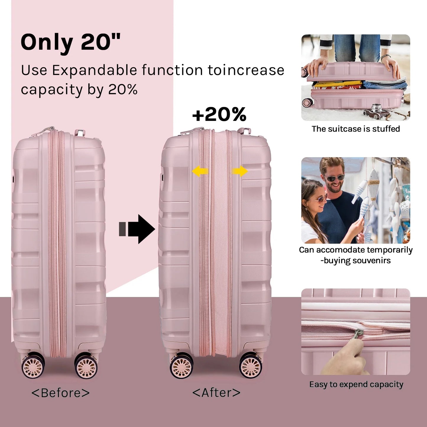 5 Piece Luggage Set PP Hardside Spinner Luggage - (Expandable Carry-On Suitcase20")(24" 28")-Rose Gold