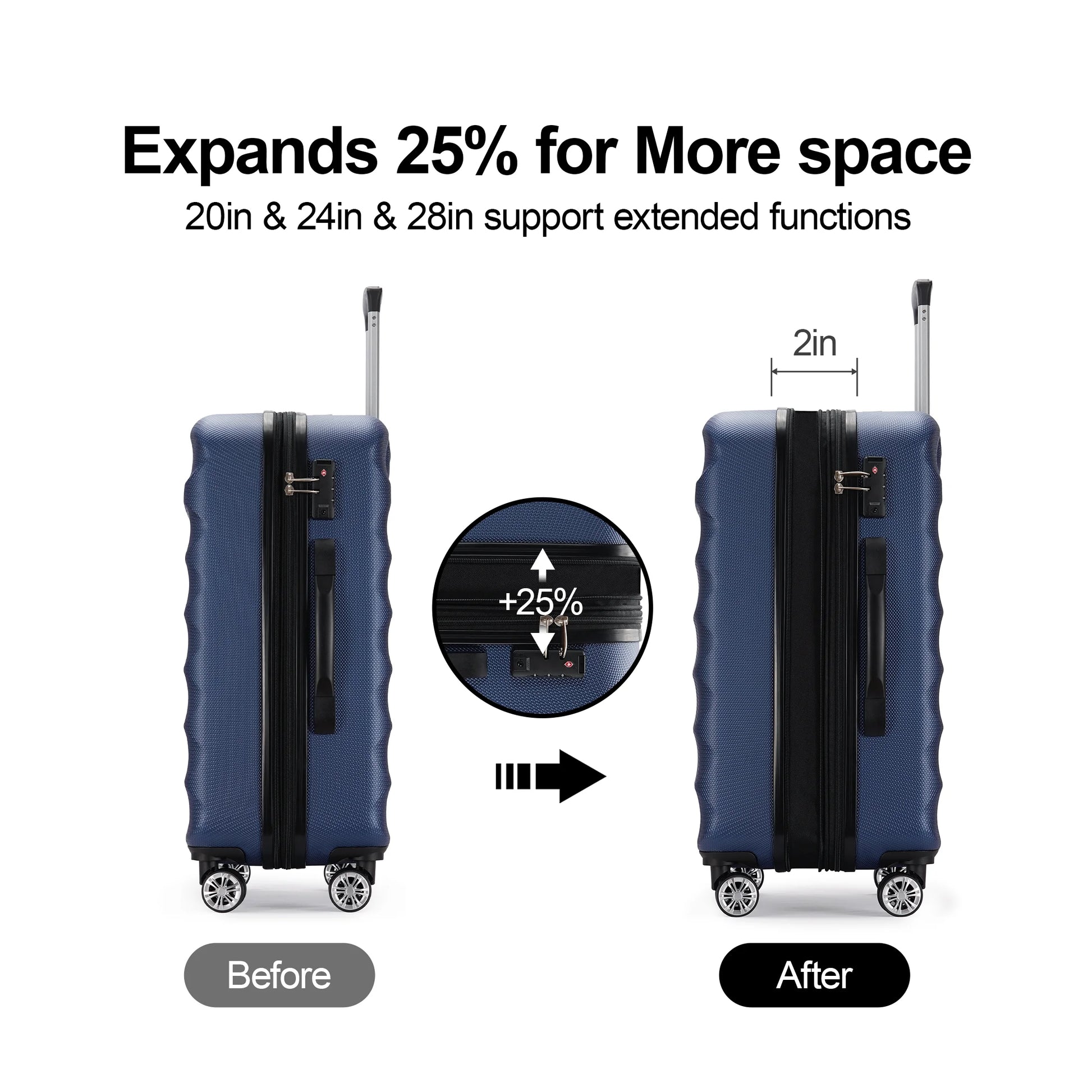 3 Piece Expandable Luggage Sets,Hard Shell Luggage Large Siutcase with Spinner Wheels ,Navy Blue