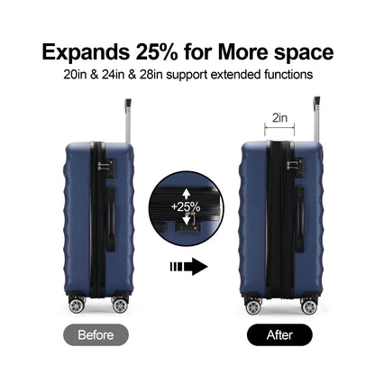 3 Piece Expandable Luggage Sets,Hard Shell Luggage Large Siutcase with Spinner Wheels ,Navy Blue