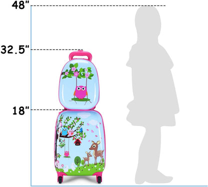 Kids Luggage, 12” Travel Backpack & 16” Hard Shell Toddler Suitcase, Children Rolling Luggage with Wheels, Retractable Handle & 4 Casters, 2Pcs Carry on Luggage Set for Boys Girls(Deer)