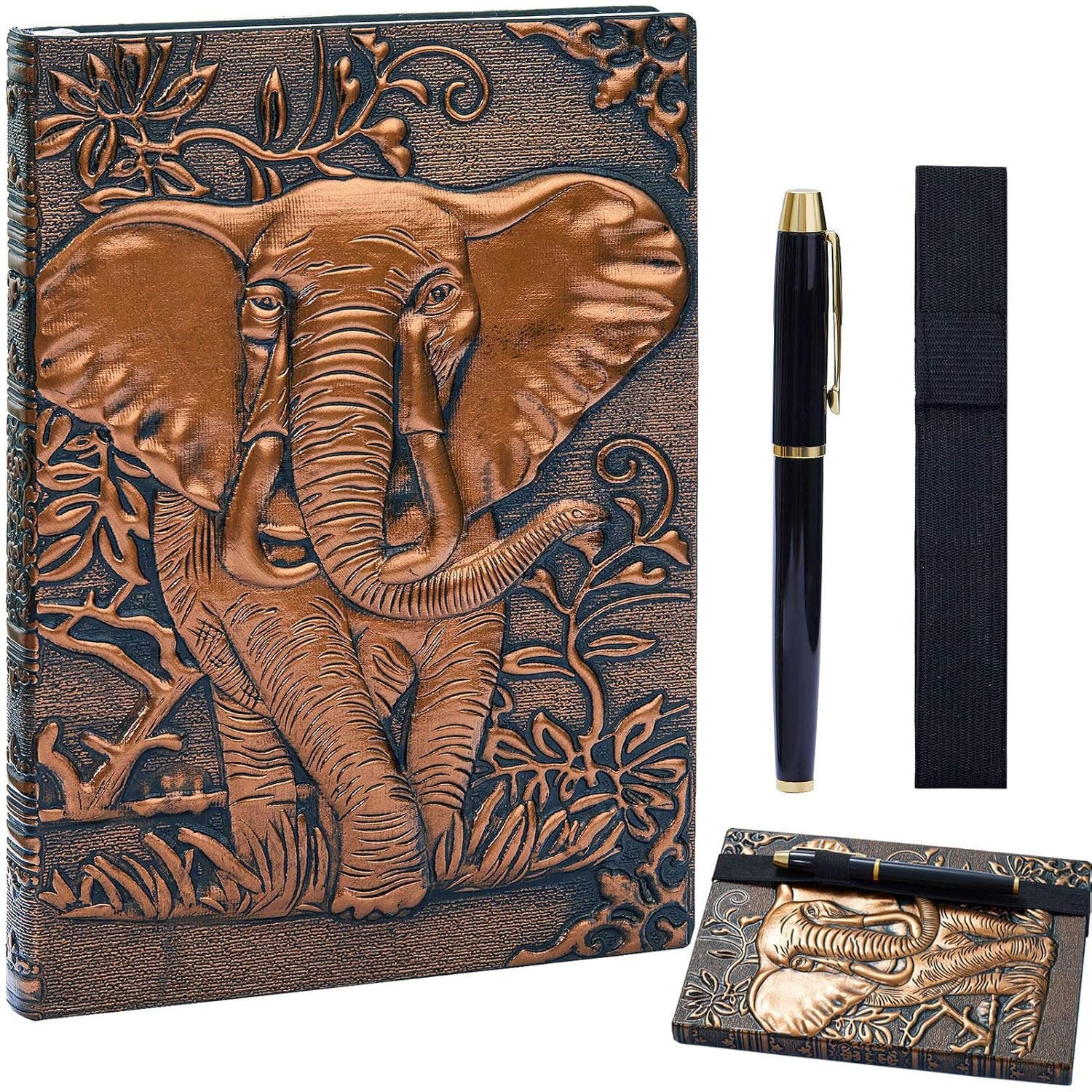 3D Elephant Cover Notebook Writing Journal plus Pen Set,Pen Holder, Elastic Closure Hardcover Personal Journal Diary Planner Thick Lined Paper,Gifts for Women Men (Redbronze, A5(8.3"*5.7")