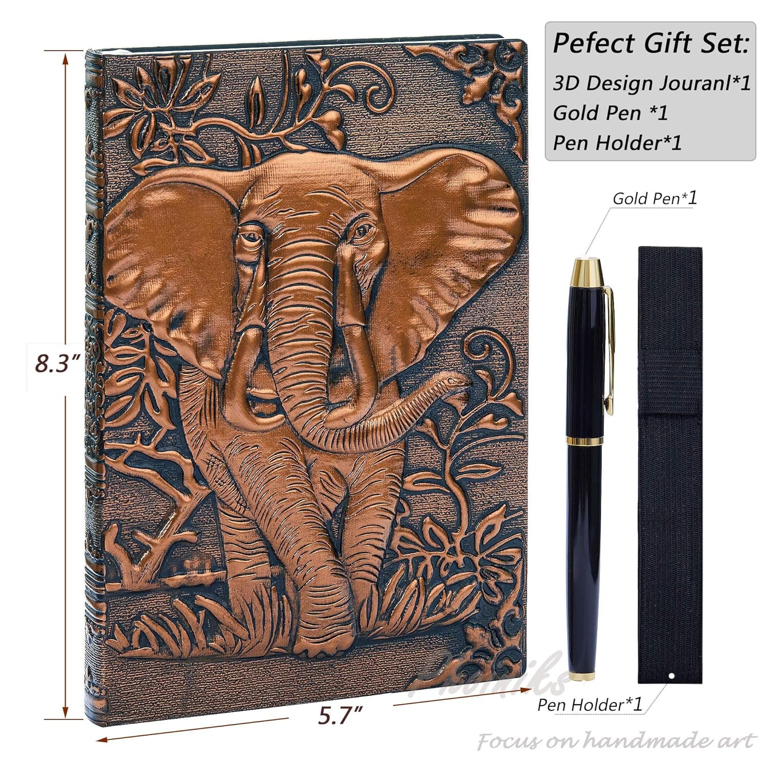 3D Elephant Cover Notebook Writing Journal plus Pen Set,Pen Holder, Elastic Closure Hardcover Personal Journal Diary Planner Thick Lined Paper,Gifts for Women Men (Redbronze, A5(8.3"*5.7")