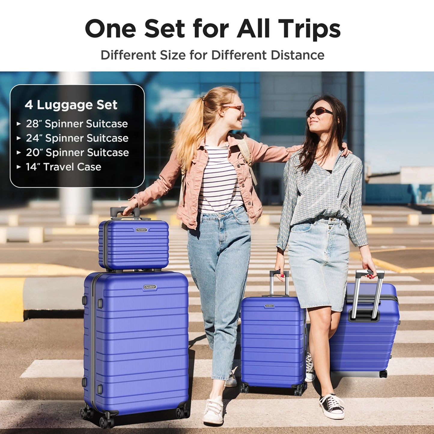 4 PCS Hardshell Luggage Suitcase Set with 360° Double Spinner Wheels Integrated TSA Lock, 14” Travel Case, 20" Carry-On Luggage, 24" Checked Luggage and 28" Checked Luggage, Blue