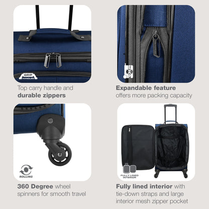 Forza 2-Piece Expandable Softside Carry-On Luggage Set – Spinner Wheels, Tsa-Approved, Tote Bag, Lightweight Travel Suitcase, Navy