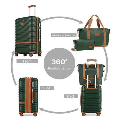 Hardside Luggage Set Suitcase 5 PCS with TSA Lock Expandable Lightweight Suitcase 20"24"28" Checked Luggage-Green Brown