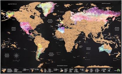 Scratch off World Travel Map with All U.S States + Bonus Map of Europe. Premium World Map Scratch off Poster in Nebula Watercolor. Travel Scratch off Map with Travel Map Gift Tube