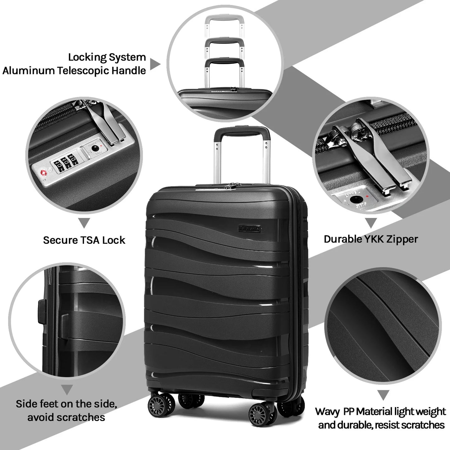 3-Piece Carry-On Luggage Set PP Material Suitcase with Spinner Wheels Hardside TSA Lock(Black)