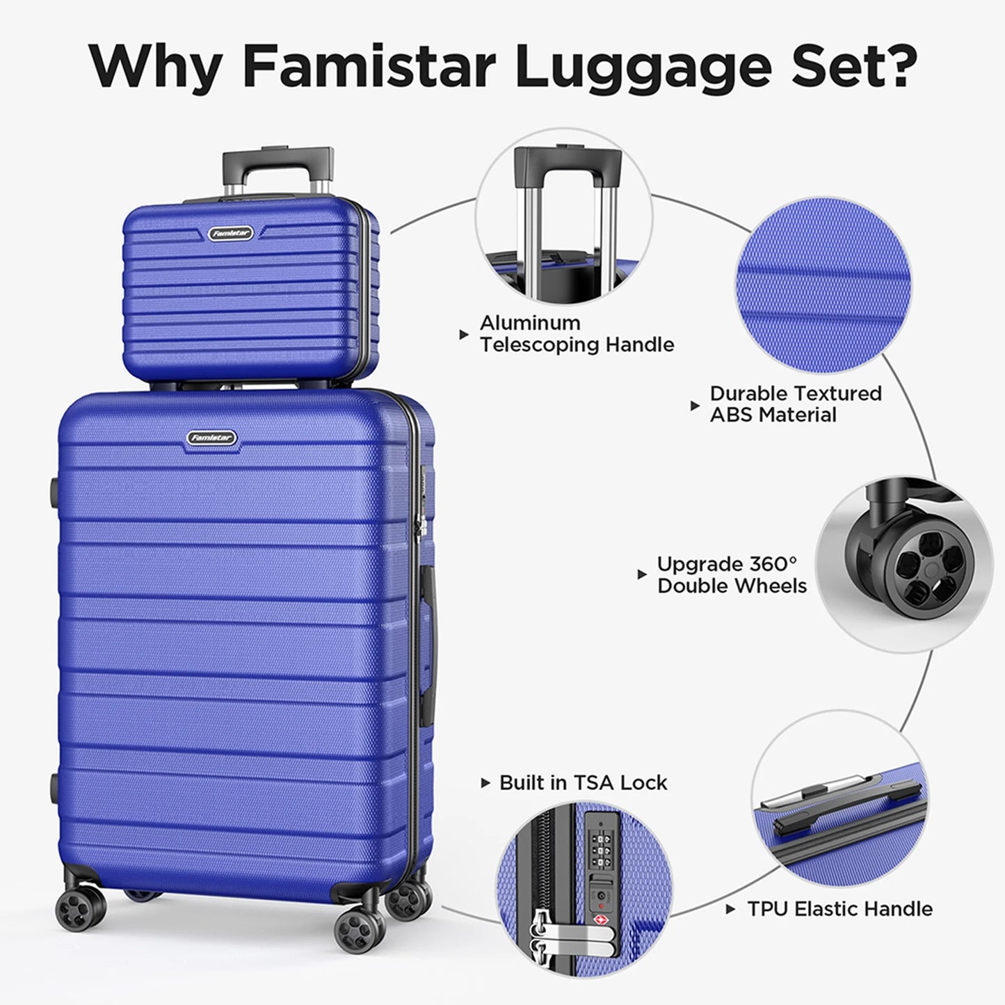 4 PCS Hardshell Luggage Suitcase Set with 360° Double Spinner Wheels Integrated TSA Lock, 14” Travel Case, 20" Carry-On Luggage, 24" Checked Luggage and 28" Checked Luggage, Blue