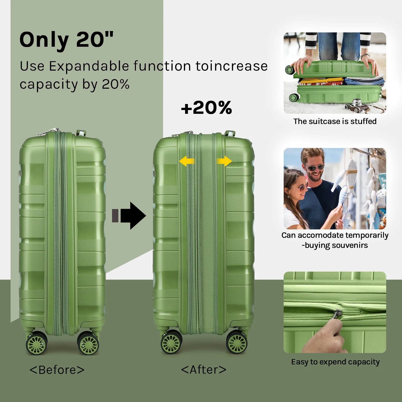 3-Piece Carry-On Luggage Set PP Material Suitcase with Spinner Wheels Hardside TSA Lock(Pearlescent-Green)