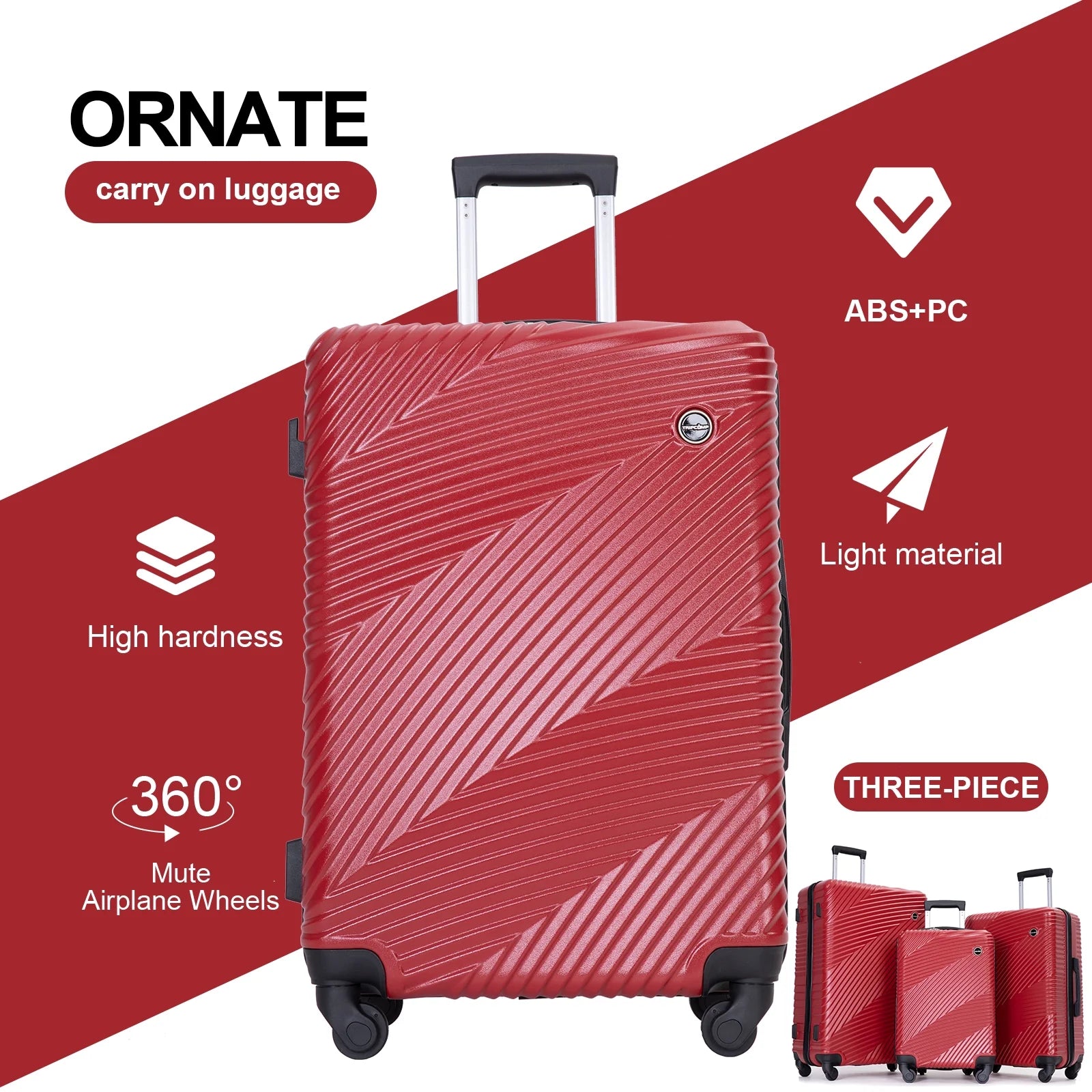 Luggage 3 Piece Set,Suitcase Set with Spinner Wheels Hardside Lightweight Luggage Set 20In24In28In.(Red)