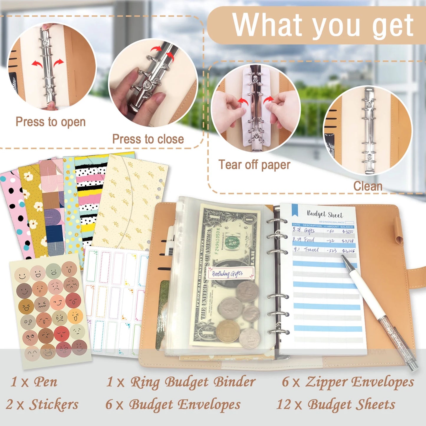 Budget Binder with Cash Envelopes,  Money Saving Binder Notebook Including Zipper PVC Pockets, Cash Envelopes, Stickers and Pen, White and Khaki