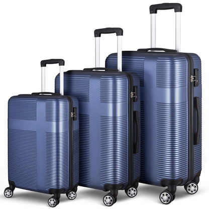 3 Piece Luggage Sets with TSA Lock ABS, Durable Luggage Set, Lightweight Suitcase with Hooks, Spinner Wheels, Cross Stripe Luggage Sets 20In/24In/28In(Dark Blue)