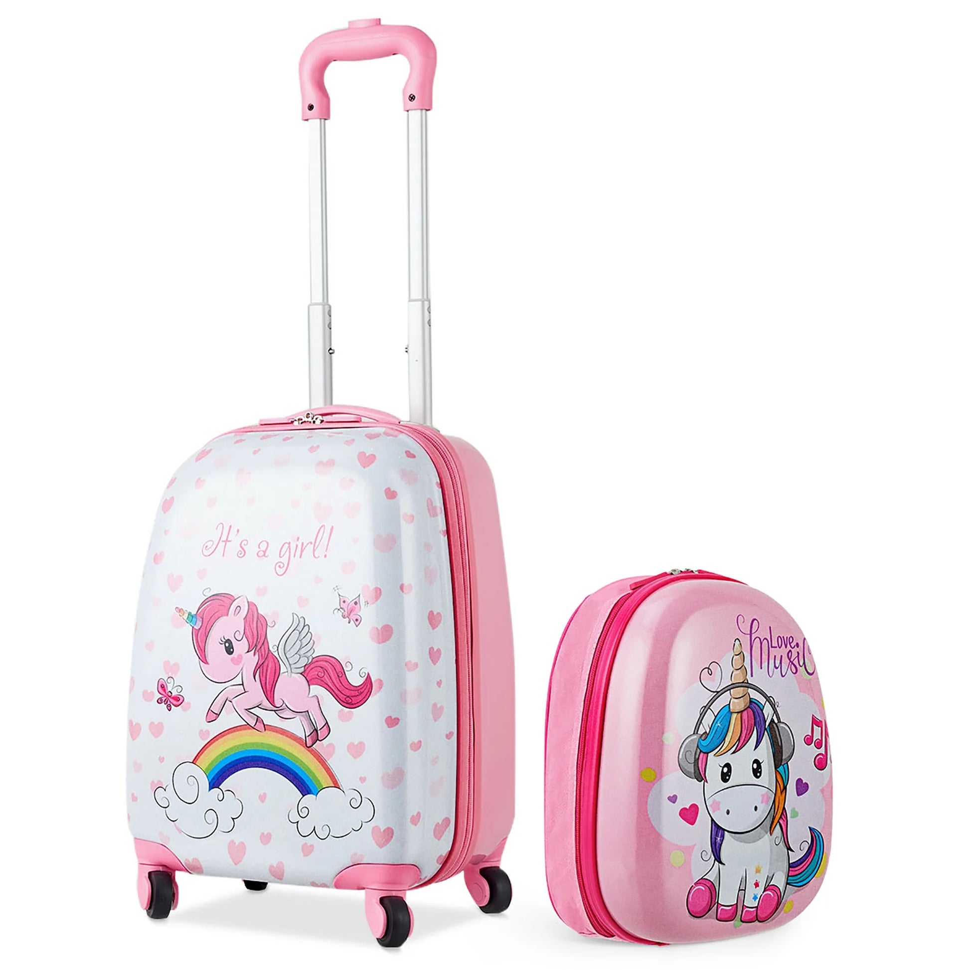 2 Pcs Kids Luggage Set 12” Backpack & 16” Kid Carry on Suitcase for Boys Girls Pink