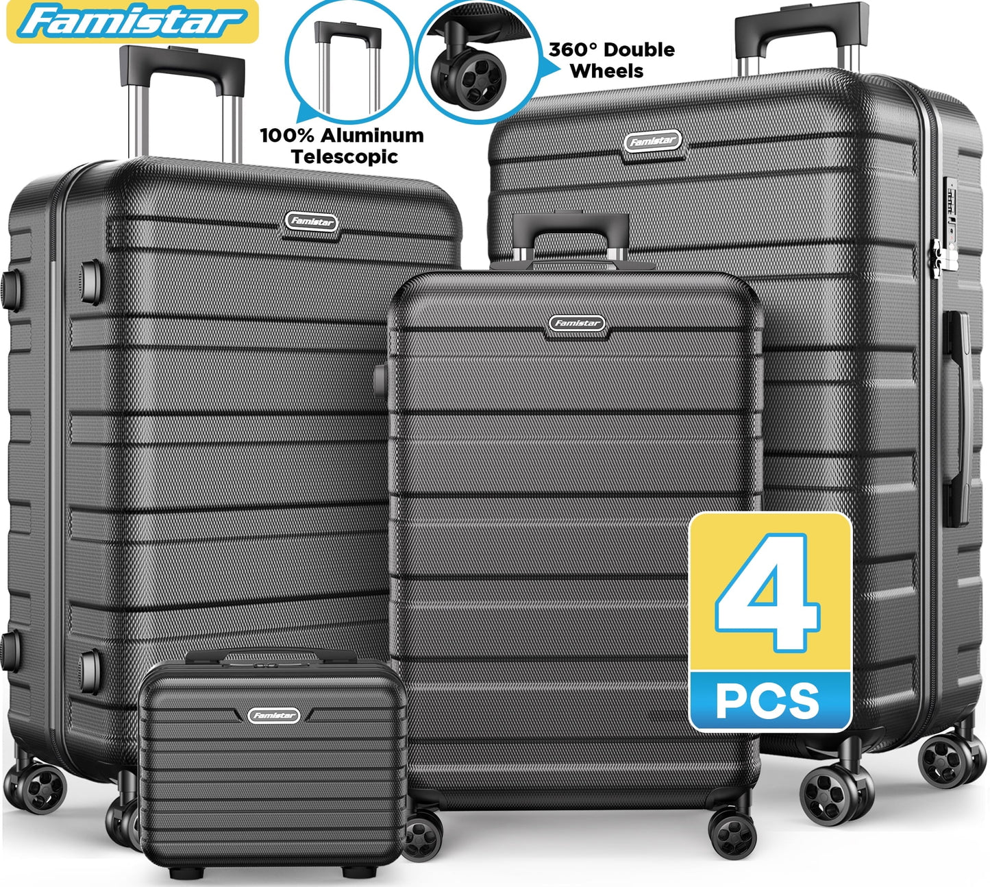 Hardside Luggage Suitcase 4 Piece Set with 360° Double Spinner Wheels Integrated TSA Lock, 14” Travel Case, 20" Carry-On Luggage, 24" Checked Luggage and 28" Checked Luggage, Black