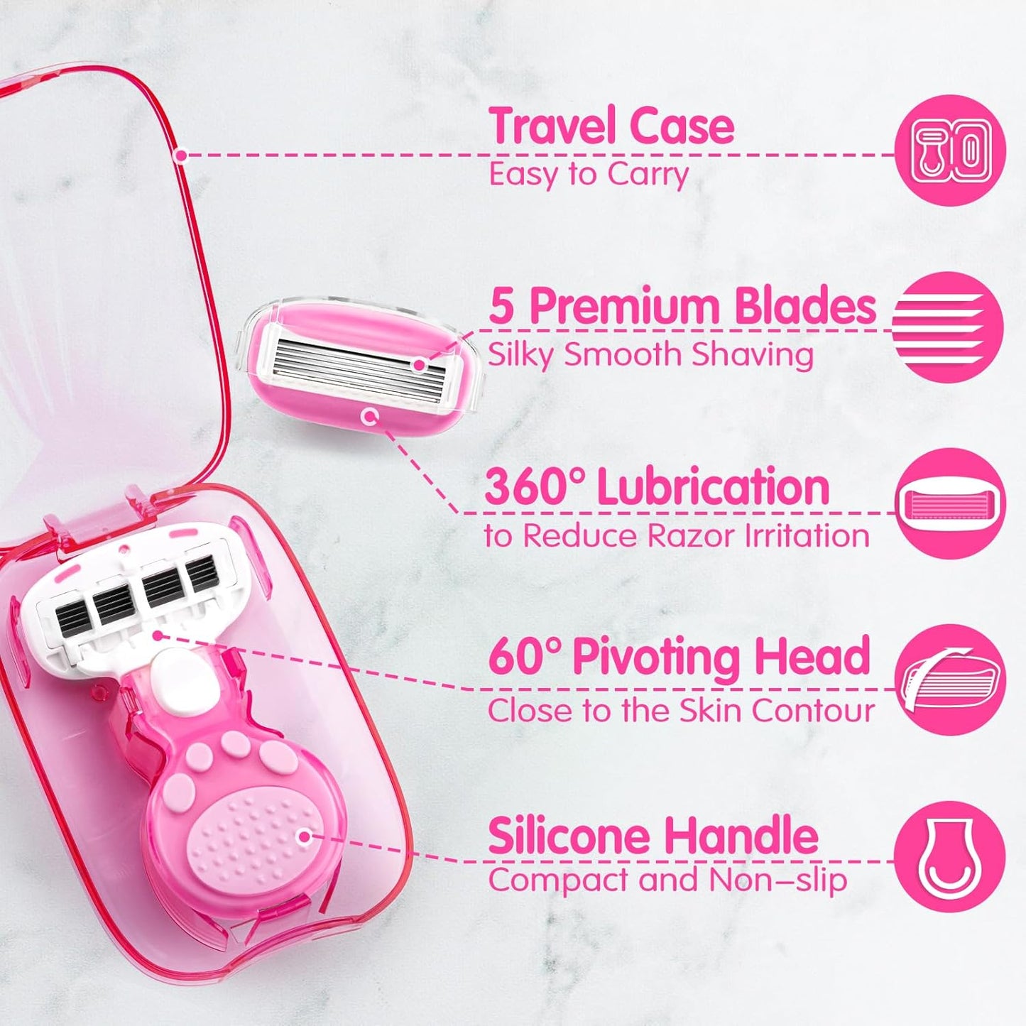 Travel Razors for Women Include 1 Handle and 2 Cartridges, Extra Smooth 5-Blade Travel Essentials Razor with Case for Shaving, Pink