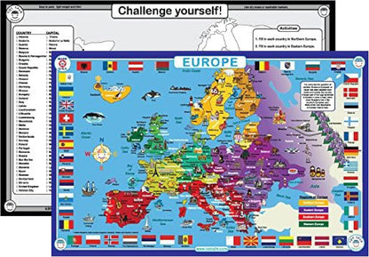 Europe Educational Placemat for Kids – Made in USA – Durable Double-Sided Placemat with Countries, Capitals, Flags, Waterways, Landmarks, Memory Activities – Waterproof Wipeable 17.5” X 11.5”