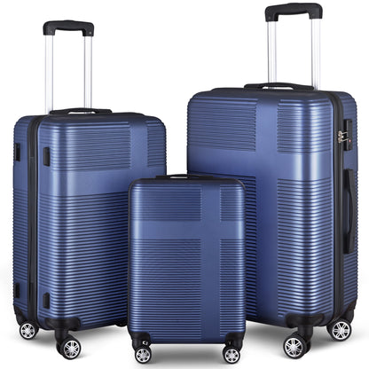 3 Piece Luggage Sets with TSA Lock ABS, Durable Luggage Set, Lightweight Suitcase with Hooks, Spinner Wheels, Cross Stripe Luggage Sets 20In/24In/28In(Dark Blue)