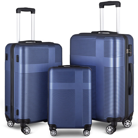 3 Piece Luggage Sets with TSA Lock ABS, Durable Luggage Set, Lightweight Suitcase with Hooks, Spinner Wheels, Cross Stripe Luggage Sets 20In/24In/28In(Dark Blue)