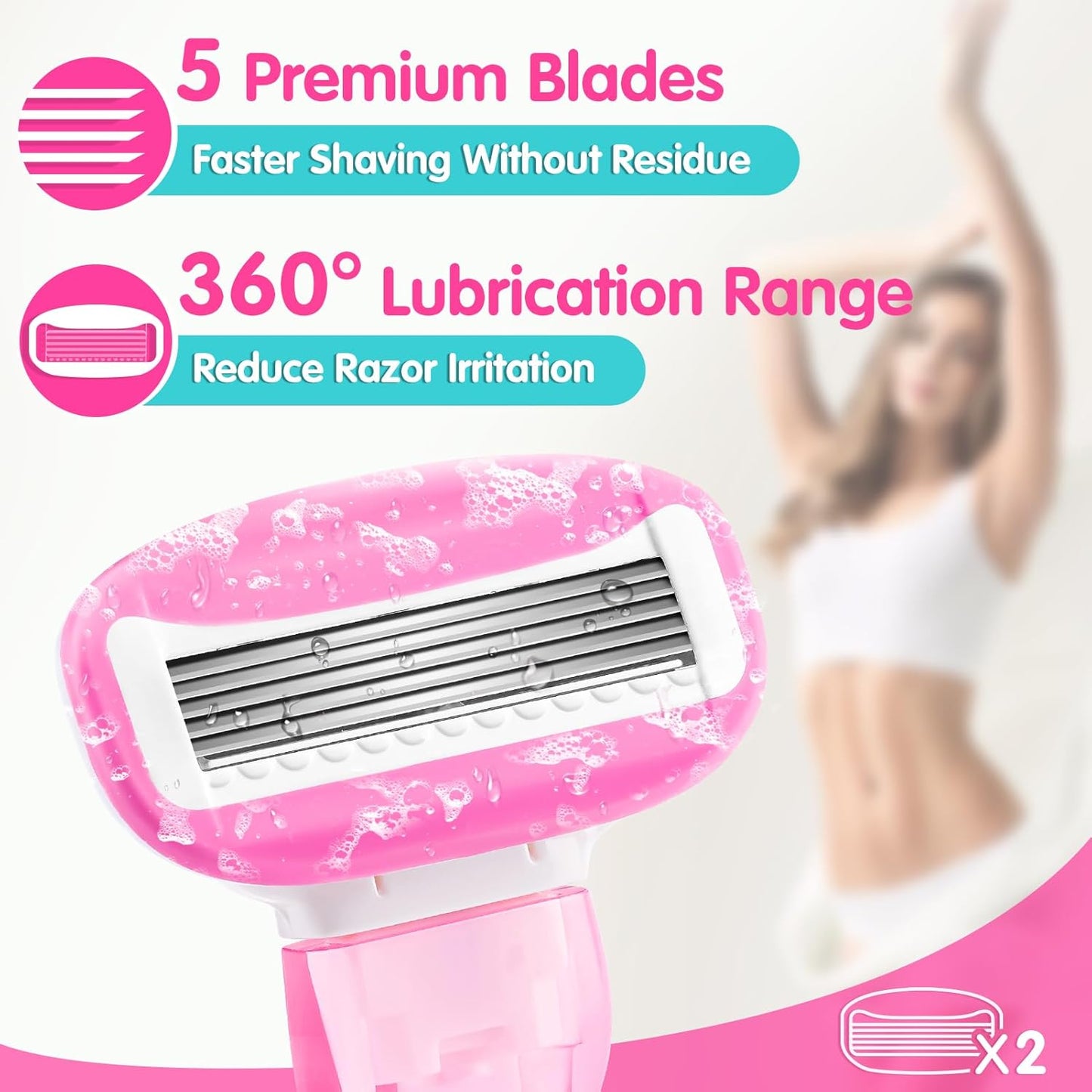 Travel Razors for Women Include 1 Handle and 2 Cartridges, Extra Smooth 5-Blade Travel Essentials Razor with Case for Shaving, Pink