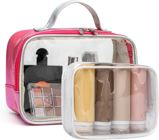 Makeup Bag TSA Approved with 4 Pack Travel Bottles for Tolietries Silicone Travel Cosmetic Bag Travel Accessories with Clear Toiletry Bag Gift for Women (Metallic Pink)